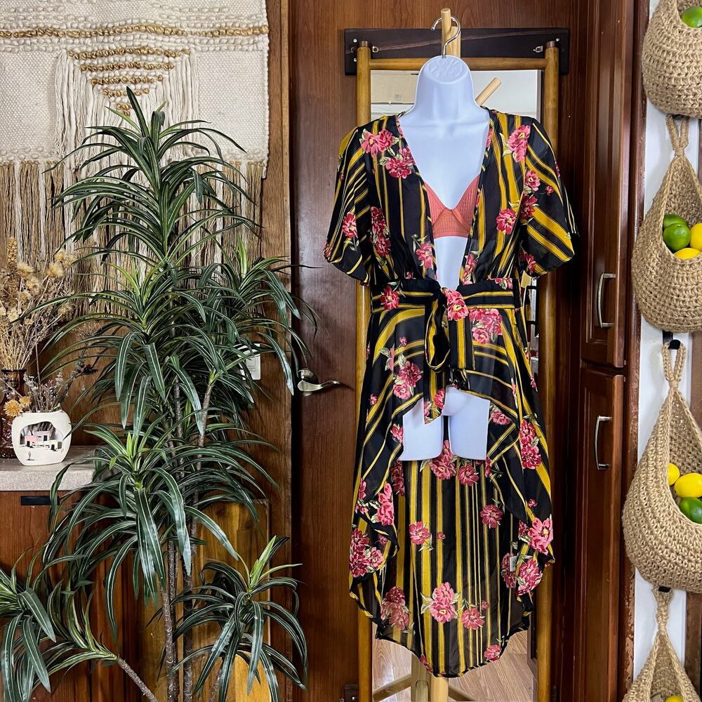 Floral Stripe Midi Shirt Dress S Tie Front Kimono Sleeve Vacation Resort Layer